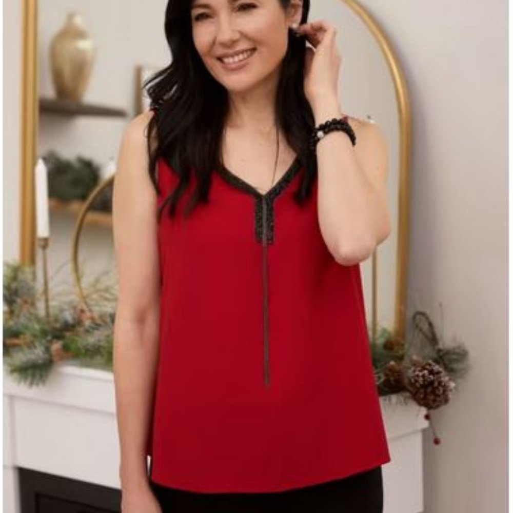 LAURA (petites):  Rhinestone Detail Blouse - red